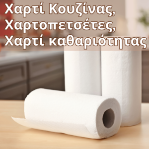 Διάφορα είδη χαρτικών, όπως χαρτί κουζίνας, χαρτί υγείας και χαρτοπετσέτες, σε συσκευασίες πολλαπλών ρολών.